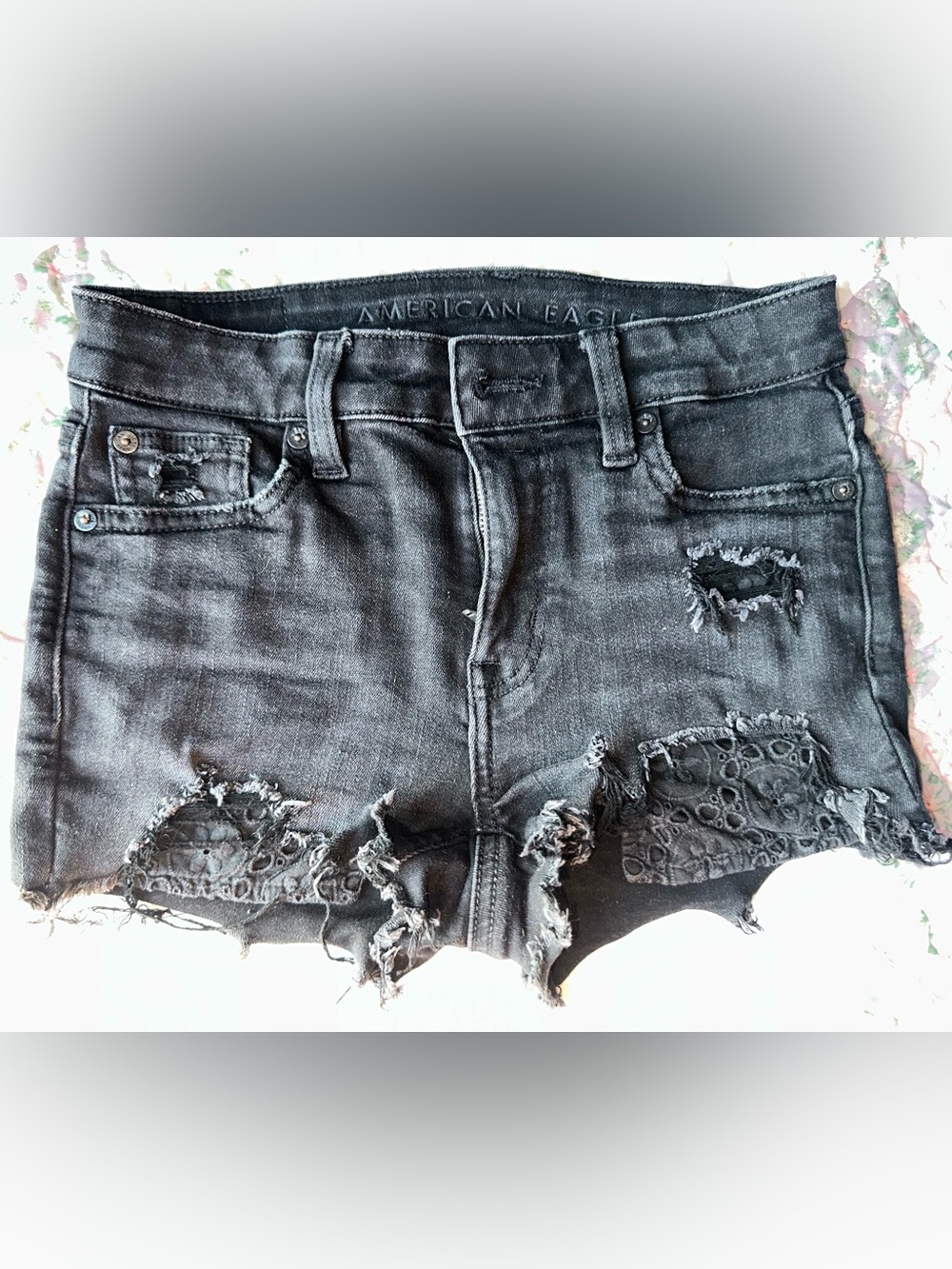 American Eagle High Rise Shortie Distressed Embroidered Pocket Denim Shorts
